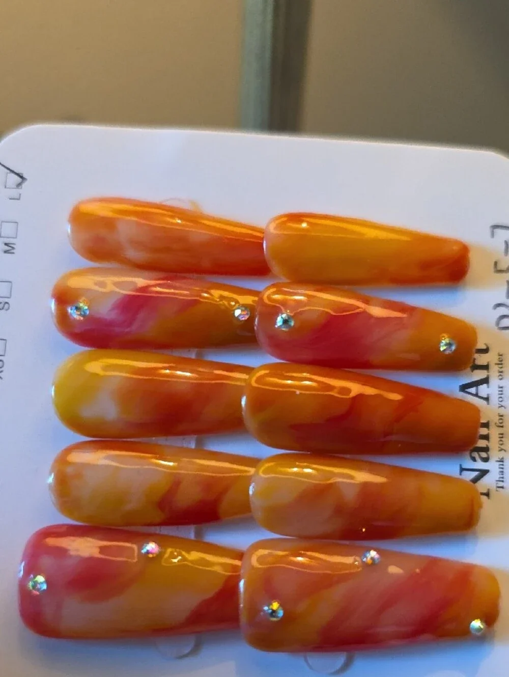 Orange Marble Press-On Nails with Rhinestones - Size Large